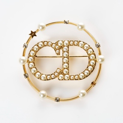 Christian Dior, Faux Pearl / Crystal Pin Brooch with Box - ( One Crystal Missing )