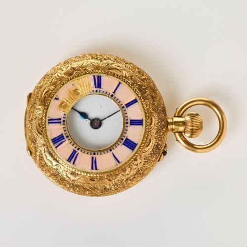 18ct Yellow Gold, 33mm Ladies Half Hunter Fob Watch, circa C20th