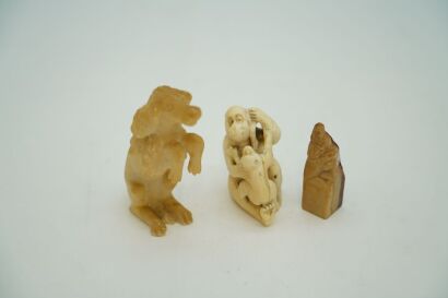 A Japanese Meiji Period Bone Carved Monkey Ornament AND A Soapstone Seal AND A Stone Dog Ornament