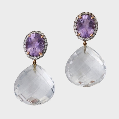 14ct Yellow Gold, Rock Crystal Quartz / Amethyst / 0.50ct Diamond Drop Earrings