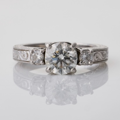 Platinum, Handcrafted, 1.20ct Diamond / 0.13ct Diamond Three Stone Ring