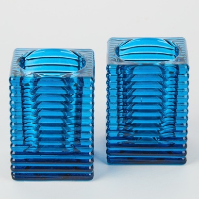A Pair of Heavy Blue Glass Candleholders