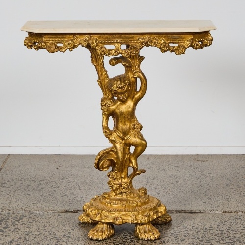 A Gold Cherub Hall Table with Marble Top