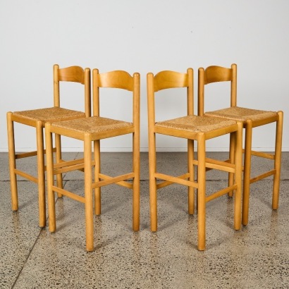 A Set of Four Vintage European Beech and Rush Bar Stools