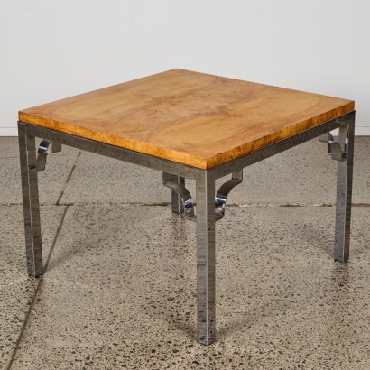 A Chrome and Walnut Burl SIde Table