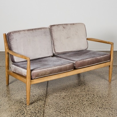 A Mid-Century Style Scandinavian Sculpted-Timber and Velvet Settee