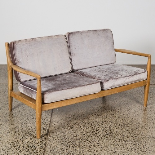 A Mid-Century Style Scandinavian Sculpted-Timber and Velvet Settee