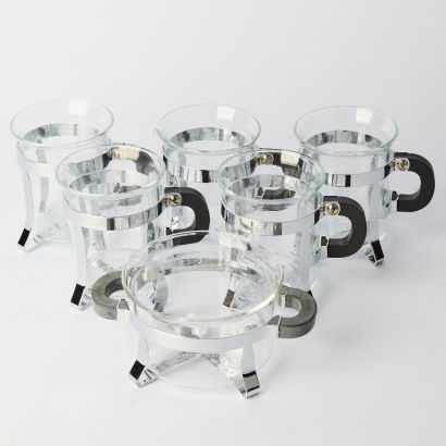 A Set of Four Vintage Bodum Chambord Glass Coffee Mugs, Sugar Dish, and Creamer