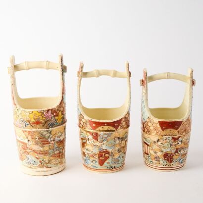 A Group of Three Early 20th Century Japanese Satsuma &sbquo;&Auml;&ograve;Figures&sbquo;&Auml;&ocirc; Bucket Vases