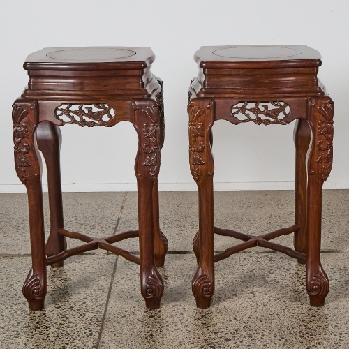 A Pair of Chinese 20th Century Hardwood Carved Floral Pedestals
