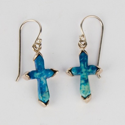 A Pair of Vintage Sterling Silver and Blue Stone Cross Earrings