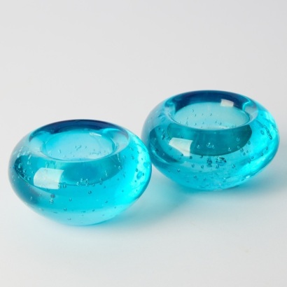 A Pair of Vintage Controlled Bubble Blue Glass Candle Holders