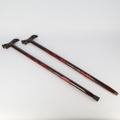 A Pair of Antique Wooden Dragon-Carved Walking Sticks