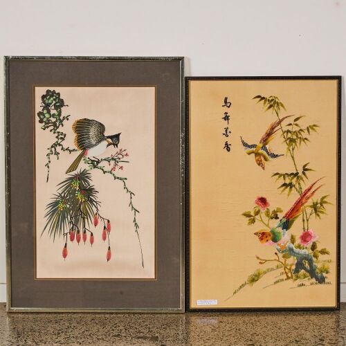 A Pair of Chinese Embroidered Bird-and-Flower Panels