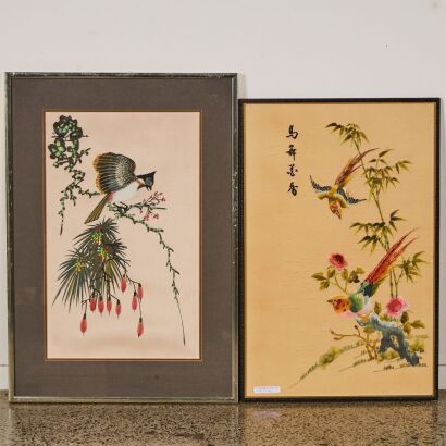 A Pair of Chinese Embroidered Bird-and-Flower Panels