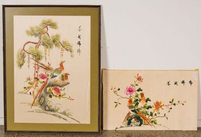 A Pair of Chinese Embroidered Bird-and-Flower Panels