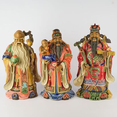 A Set of Three Chinese 20th Century Foshan Pottery Figures of the Three Star Gods Fu, Lu and Shou