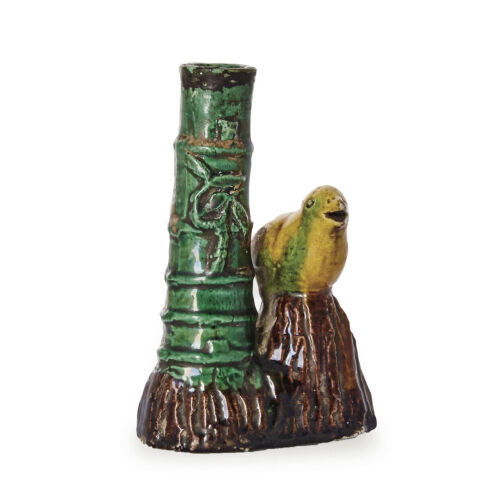 A Chinese Qing Dynasty Tri-colour Flower Pot with carved bamboo and bird