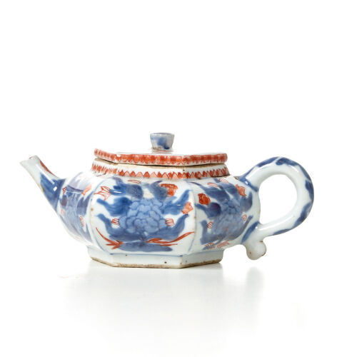 A Chinese Qing Dynasty Kangxi Period Blue and White, Copper Red Hexagonal Teapot