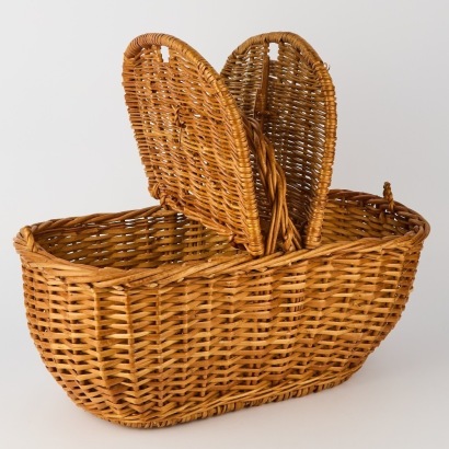 A Vintage Double-Sided Wicker Picnic Basket with Toggle Closures