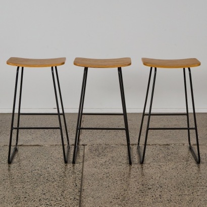 A Trio of Counter Height Oak Veneer Bar Stools