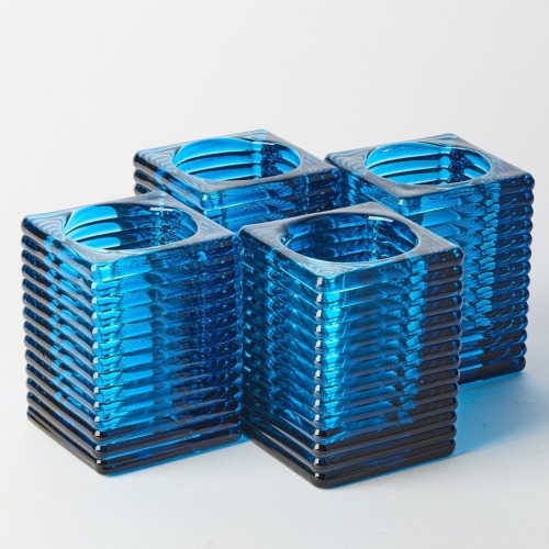 Set of Four Heavy Square Blue Glass Candle Holders