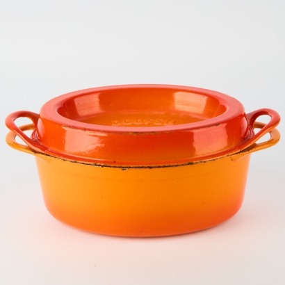 A Mid-Century French Doufeu Cast Iron Casserole in Orange