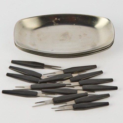 A Set of Eight Mid-Century Stainless Steel Snack Dishes with Forks