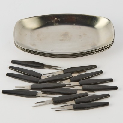 A Set of Eight Mid-Century Stainless Steel Snack Dishes with Forks