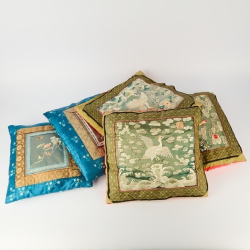 A Group of Five Chinese Embroidered Cushions with Traditional Motifs