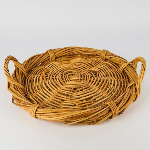 A Woven Wicker Basket Tray with Raised Sides