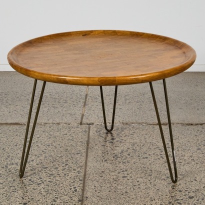 A Modern Circular Wood Side Table With Hairpin Legs