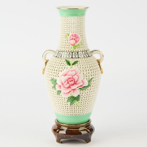 A Chinese Famille-Rose Floral Double-Handled Vase