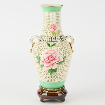A Chinese Famille-Rose Floral Double-Handled Vase