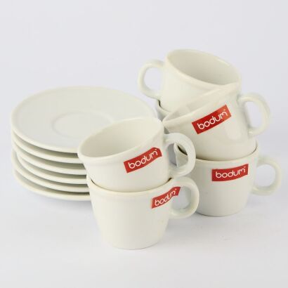 A Set of Six Bodum White Espresso Cup and Saucer Set