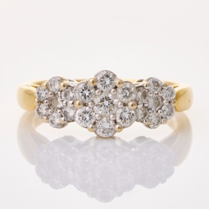 18ct Yellow / White Gold, 1.00ct Diamond, Triple Cluster Ring