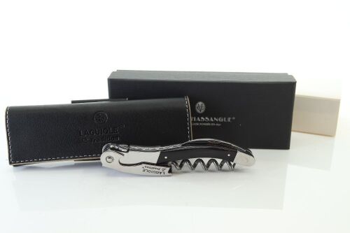 (1) Laguiole Tradition Sommelier Wine Knife Black Cow Horn with Black Leather Pouch (GB) - (10 Year Warranty)