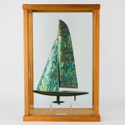 A 2003 America's Cup Pounamu and Paua Mother of Pearl Model Boat with Sterling Silver Mast