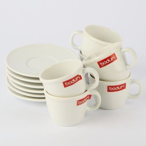 A Set of Six Bodum White Espresso Cup and Saucer Set