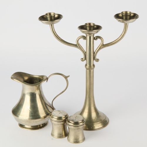 A Pewter Candelabra, Pewter Water Jug, Pewter Salt and Pepper Shakers