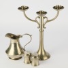 A Pewter Candelabra, Pewter Water Jug, Pewter Salt and Pepper Shakers