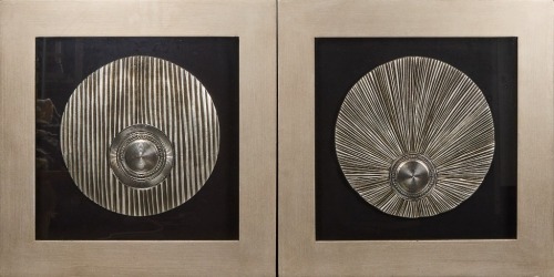 A Pair of Huji Metal Medallion Framed Pictures