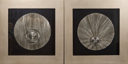 A Pair of Huji Metal Medallion Framed Pictures