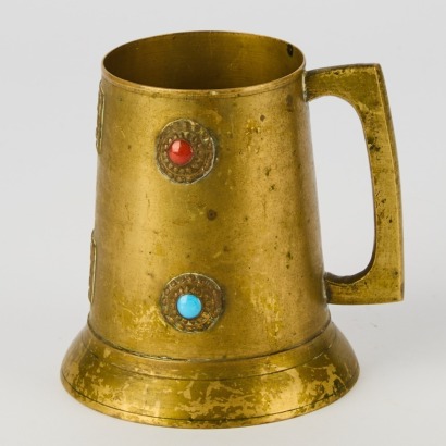 A Vintage Pakistani Brass Tankard with Coral and Turquoise Cabochons