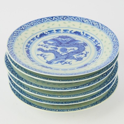 A Group of Six Chinese Early 20th Century Blue and White Dragon Dishes