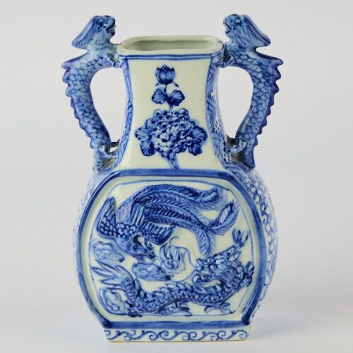 A Chinese 20th Century Blue and White Dragon and Phoenix Double-Handled Vase