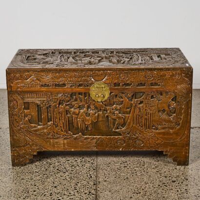 A Chinese Early 20th Century<p> Camphorwood Chest Carved with Figure Decoration