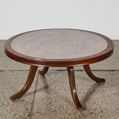 A Chinese Early 20th Century Circular Low Tea Table Carved with Figure Decoration