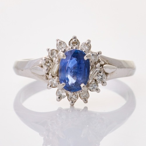Platinum, 0.75ct Sapphire / 0.19ct Diamond Cluster Ring