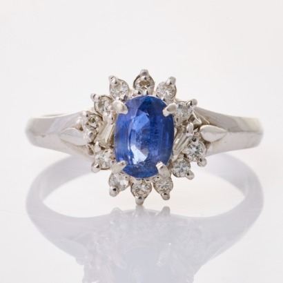 Platinum, 0.75ct Sapphire / 0.19ct Diamond Cluster Ring